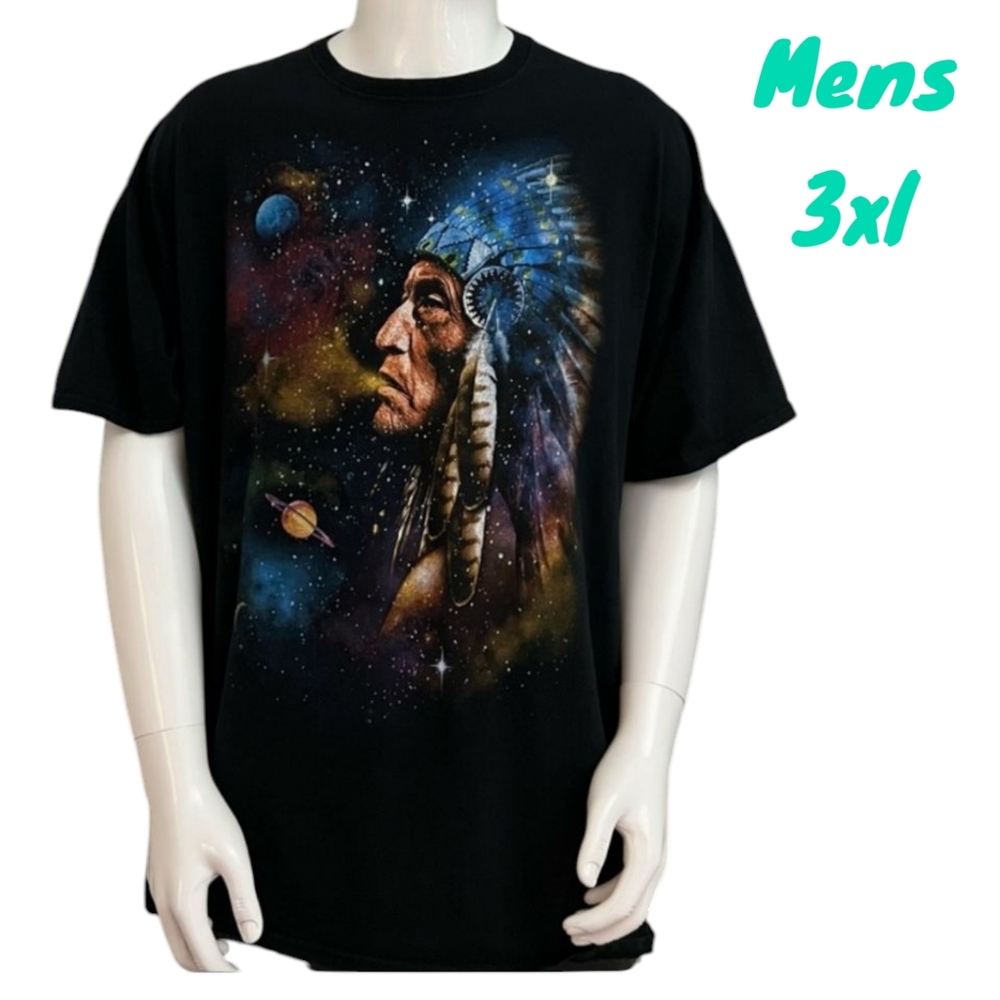 Vintage Native American Chief Headress Smoke Dust Galaxy Graphic Tee Men 3XL